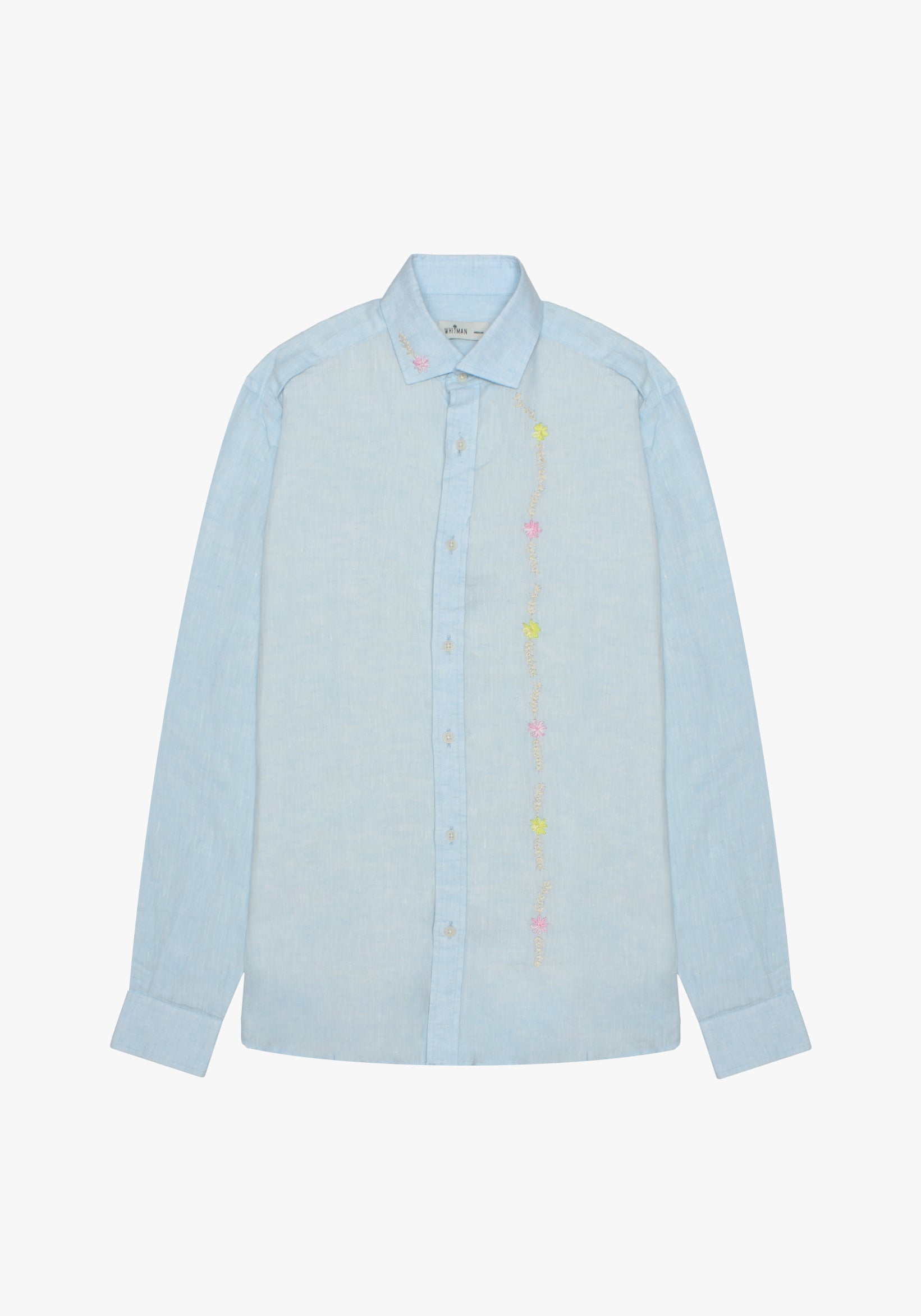 Camisa Bordada Lino Cuello Francés Azul Celeste