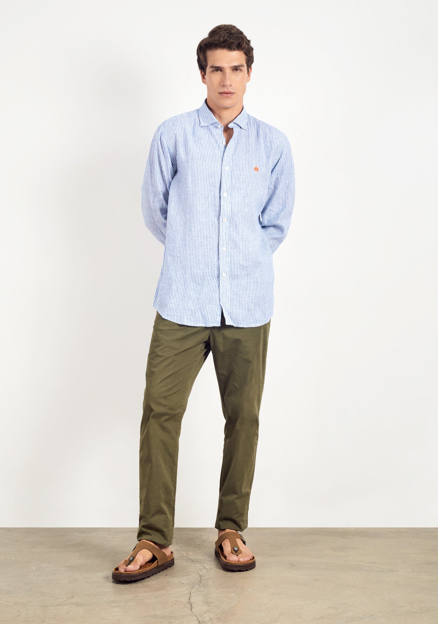 Camisa Lino Cuello Frances Rayas Medias Azul - Blanco