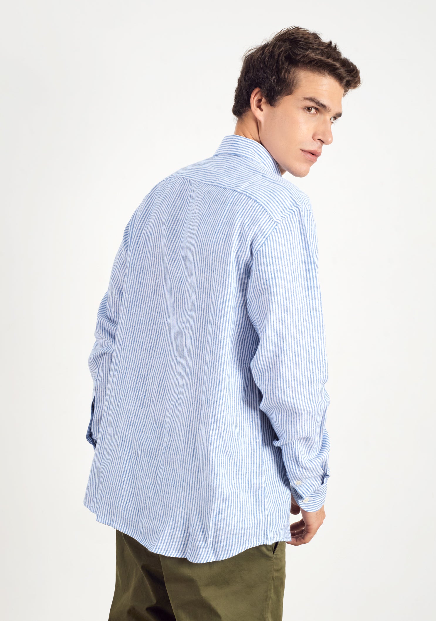 Camisa Lino Cuello Frances Rayas Medias Azul - Blanco