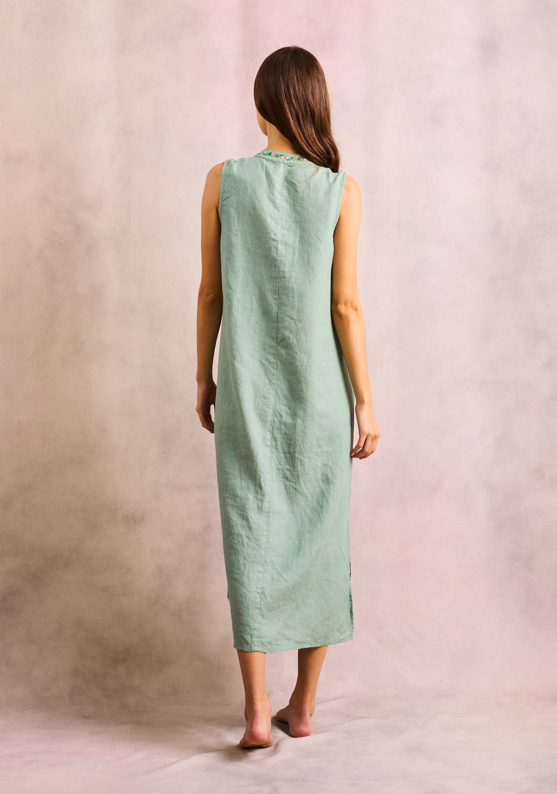 Vestido Bahamas Verde Medio Lino Bordado