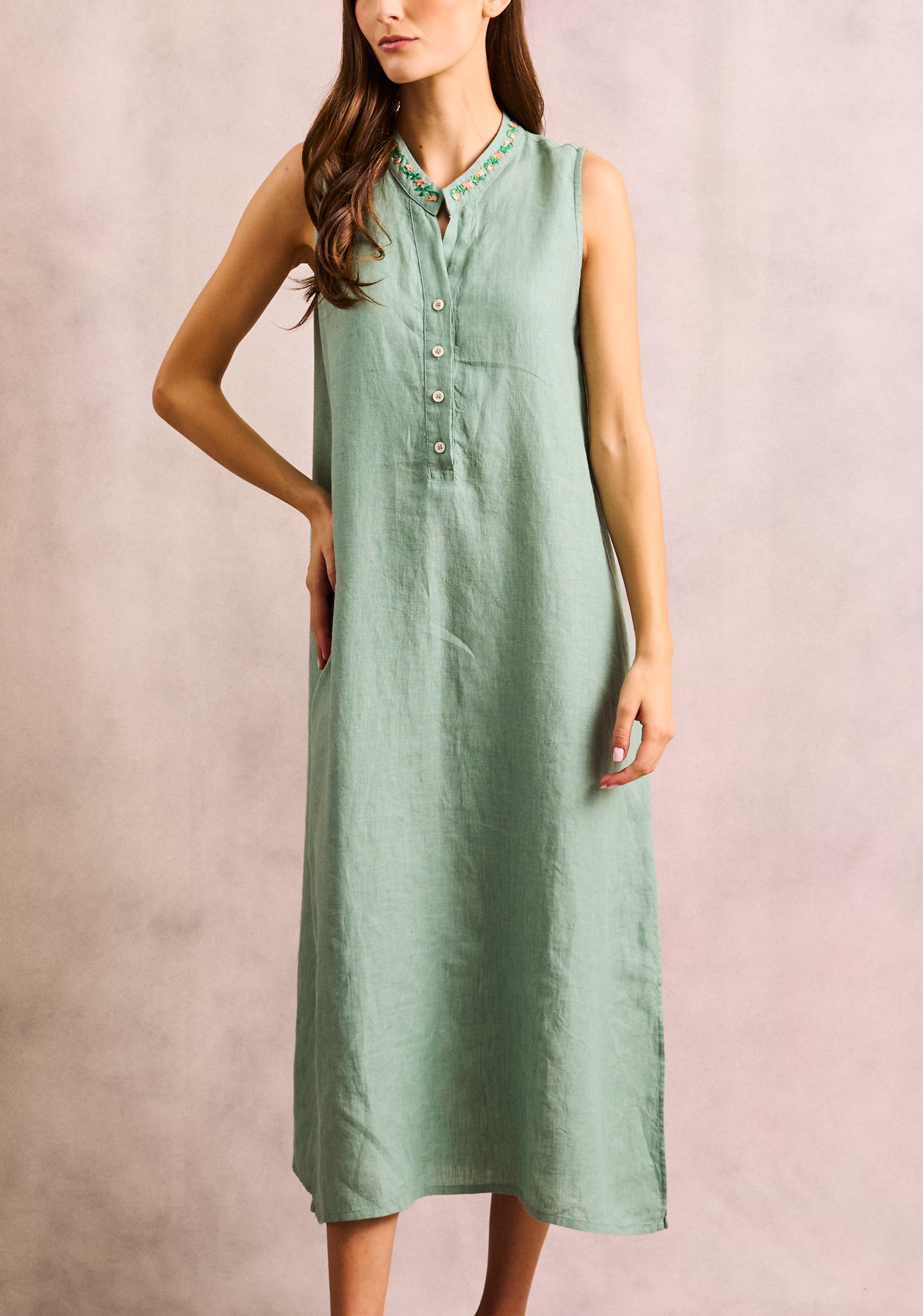 Vestido Bahamas Verde Medio Lino Bordado