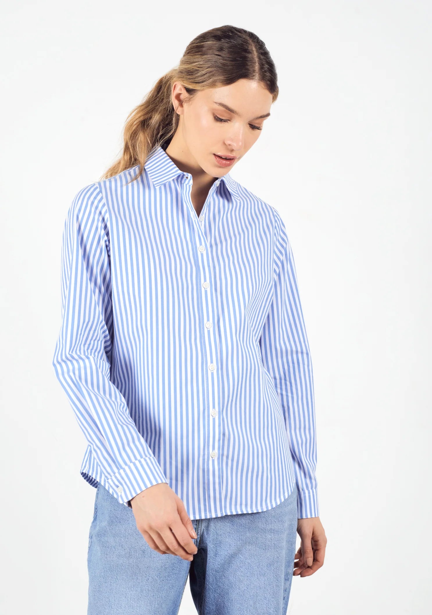Camisa Ciara Rayas Azul Med - Blanco