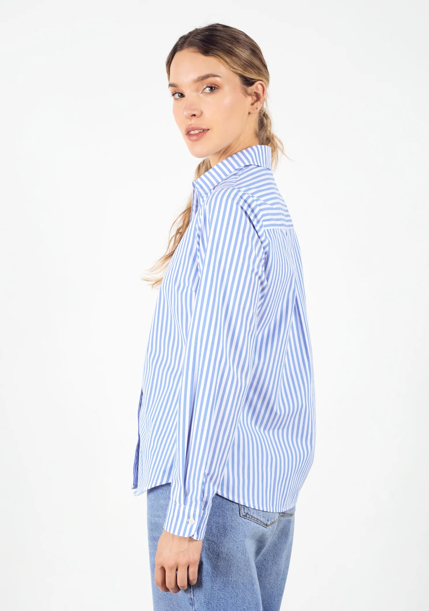 Camisa Ciara Rayas Azul Med - Blanco