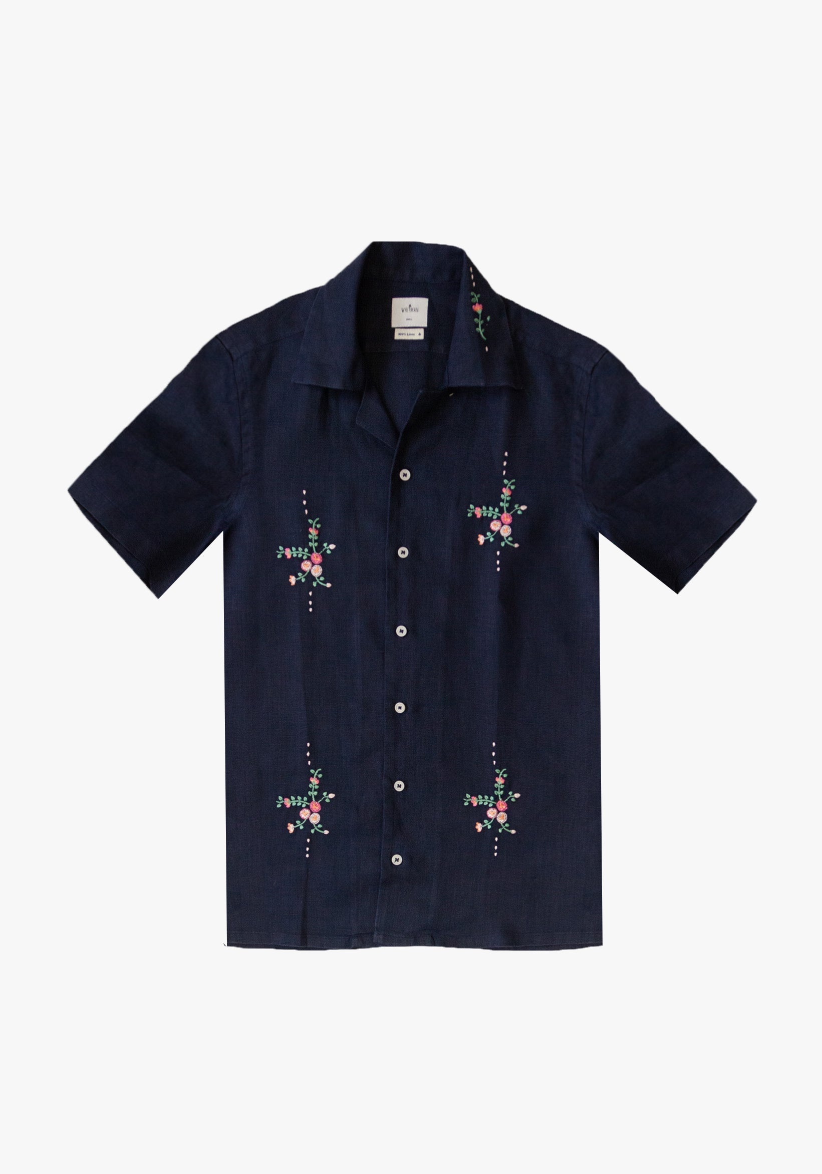 Camisa Cubana Bordada Lino Azul Oscuro